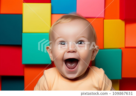 Cheerful happy Child Delightedly Engaging in Play with Vibrantly Colored Building Blocks Cheerful happy Child Delightedly Engaging in Play with Vibrantly Colored Building Blocks 109867631