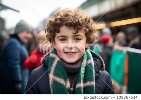 St. Patricks Day celebration. A joyful young boy in vivid green attire, exuding excitement and cheer 109867634