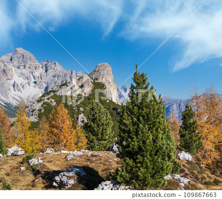 Autumn Dolomites mountain rocky view, Sudtirol, Italy Autumn Dolomites mountain rocky view, Sudtirol, Italy 109867663