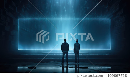 Dark futuristic space background, people look at digital billboard or holographic screen. Modern studio interior design, led neon lighting. Concept of future, frame mockup, technology Dark futuristic space background, people look at digital billboard or holographic screen. Modern studio interior design, led neon lighting. Concept of future, frame mockup, technology 109867738