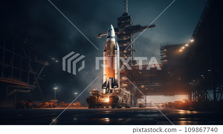 Space rocket is on launch pad before start at night, modern spaceship on sky background, fantasy view. Concept of travel, technology, science, sls, mission and industry Space rocket is on launch pad before start at night, modern spaceship on sky background, fantasy view. Concept of travel, technology, science, sls, mission and industry 109867740