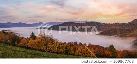 Morning foggy clouds in autumn mountain countryside.  Ukraine, Carpathian Mountains, Transcarpathia. 109867768