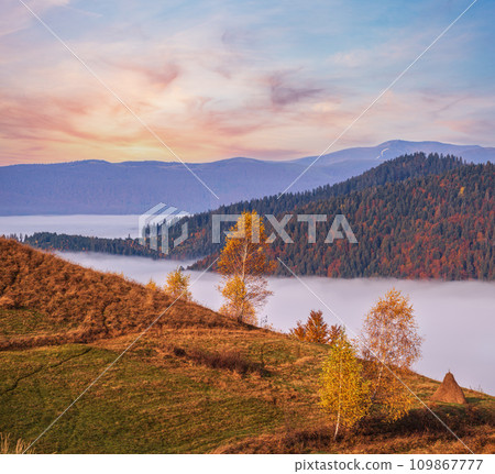Morning foggy clouds in autumn mountain countryside. Ukraine, Carpathian Mountains, Transcarpathia. Morning foggy clouds in autumn mountain countryside. Ukraine, Carpathian Mountains, Transcarpathia. 109867777