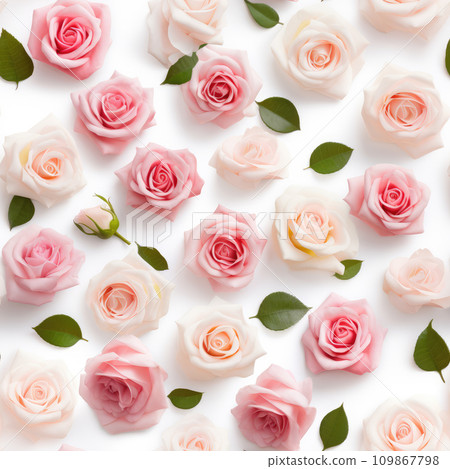 AI-generated content. Flowers composition. Seamless pattern made of pink and white roses on white background. Top view. 109867798