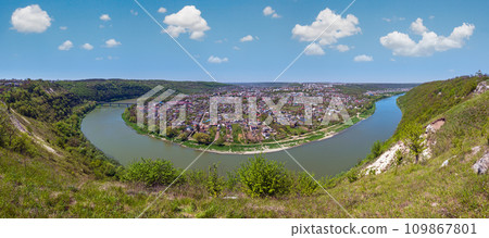 Amazing spring view on the Dnister River Canyon. View to Zalishchyky town,  Ternopil region, Ukraine. 109867801
