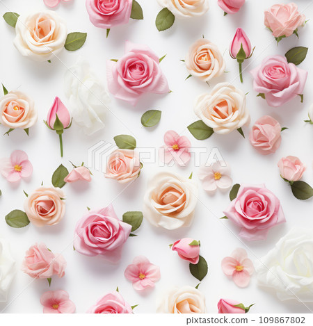 AI-generated content. Flowers composition. Seamless pattern made of pink and white roses on white background. Top view. 109867802