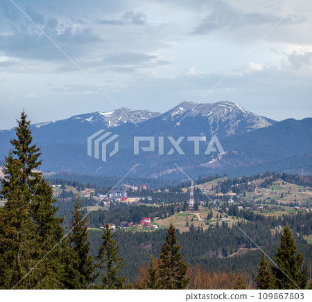 Spring Carpathian mountains view, Ukraine. 109867803