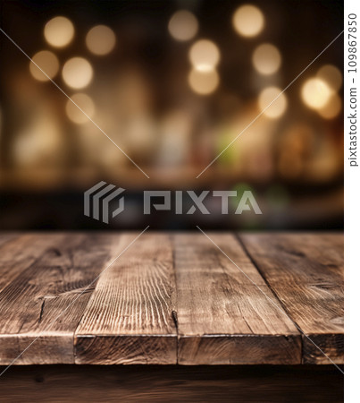AI-generated content. Old wooden table in bar interior. Dark restaurant or pab blurred background. Copy space. AI generated 109867850