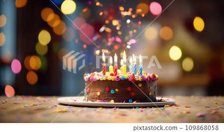 the birthday cake is laying on the table in front of a decorated present 109868058