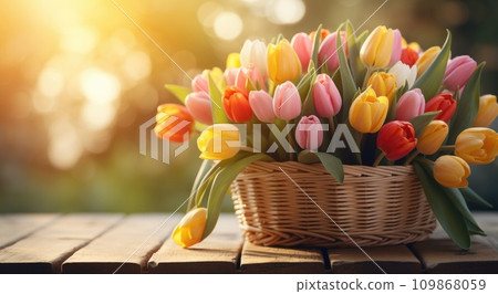 tulips in a basket inside of a window 109868059