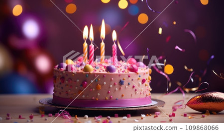 the birthday cake is laying on the table in front of a decorated present 109868066