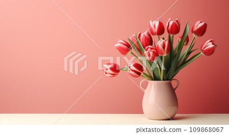 pink tulips in a vase against a pink background 109868067
