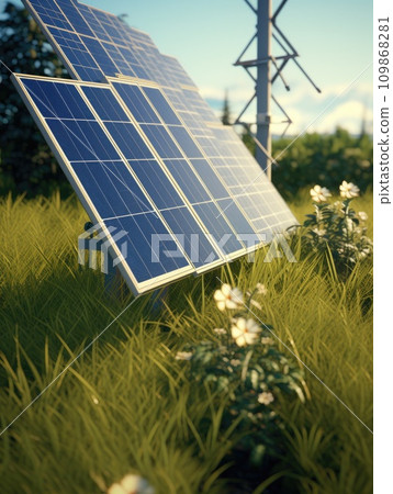 solar panel and two wind turbines on the ground 109868281