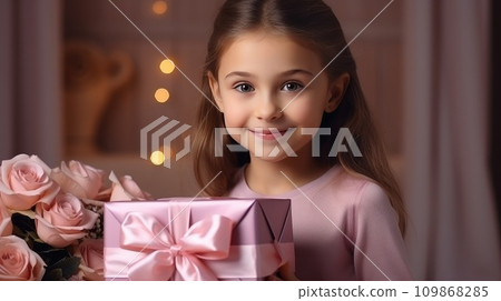tiny girl holds a pink gift box with pink roses tiny girl holds a pink gift box with pink roses 109868285