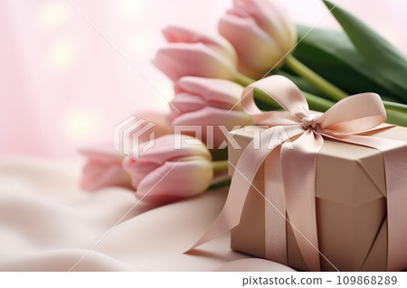 pink tulips, ribbon and gift box on pink background pink tulips, ribbon and gift box on pink background 109868289