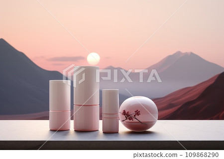 three soft pink bottles of cleansers and lotion are on a white background three soft pink bottles of cleansers and lotion are on a white background 109868290