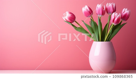pink tulips in a vase against a pink background pink tulips in a vase against a pink background 109868365