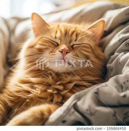 cute orange cat sleeping inside a bed with his eyes shut 109868450