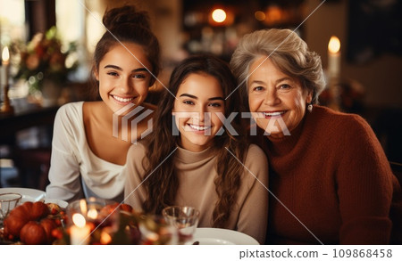 thankful grandmother is eating dinner with her three grandkids 109868458