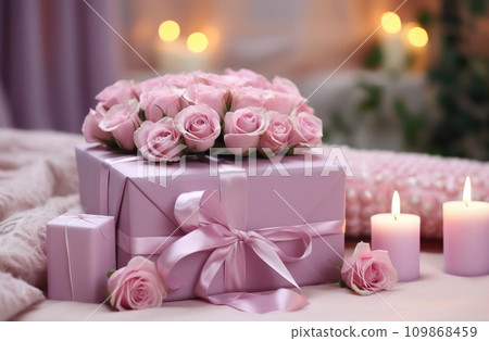 valentine day gift box with roses and bow valentine day gift box with roses and bow 109868459