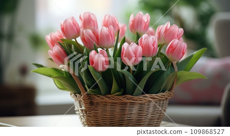 tulips in a wicker basket on a shelf 109868527