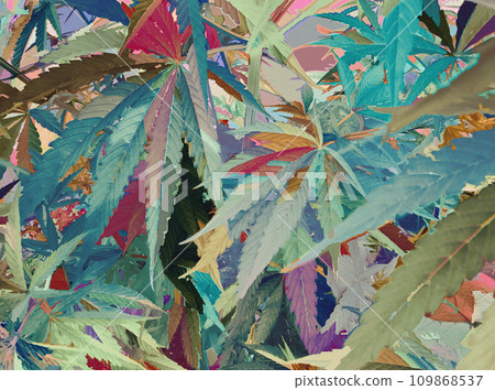 A colorful and artistic illustration of many cannabis plants. 109868537