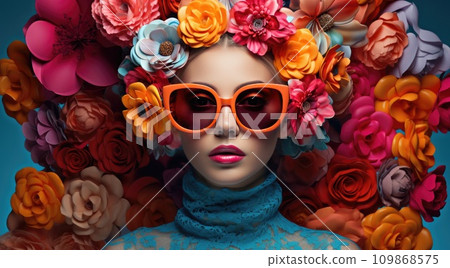 the girl is wearing sunglasses and flowers on her head the girl is wearing sunglasses and flowers on her head 109868575