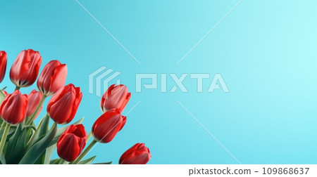 red tulips on a blue background with copy space red tulips on a blue background with copy space 109868637