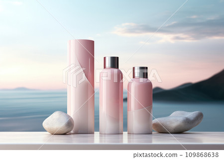 three soft pink bottles of cleansers and lotion are on a white background three soft pink bottles of cleansers and lotion are on a white background 109868638