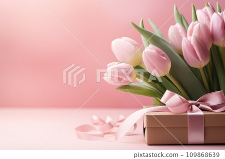 pink tulips, ribbon and gift box on pink background pink tulips, ribbon and gift box on pink background 109868639