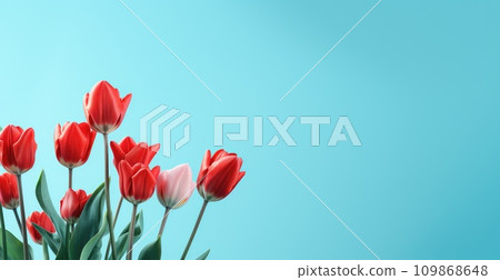 red tulips on a blue background with copy space red tulips on a blue background with copy space 109868648