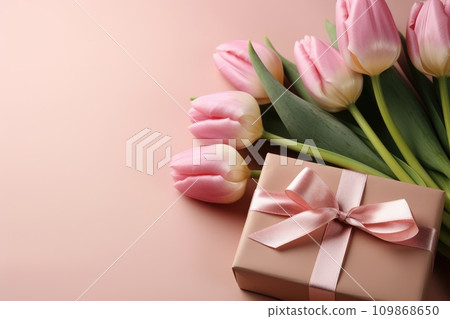 pink tulips, ribbon and gift box on pink background 109868650