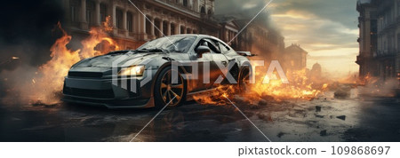 a sports car is burning out of control 109868697