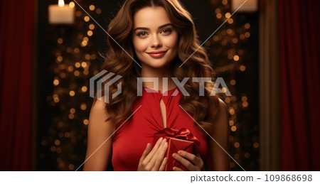 a woman holding red present with her hands 109868698