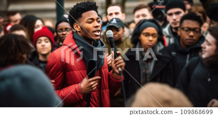 a young black man with microphones talking to a crowd 109868699