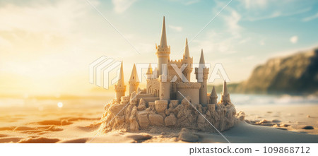 a small castle standing on the sand in the beach 109868712