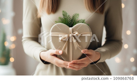 a woman holds a heart shaped gift box with a green ribbon 109868768