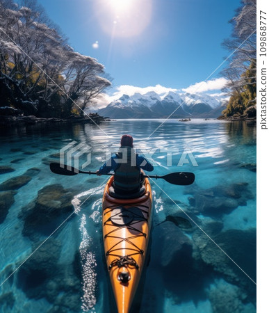 an adult on a kayak paddles along a frozen lake 109868777