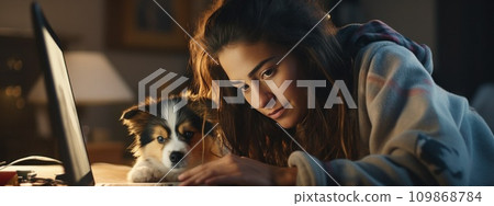 a woman leans out of the laptop to her dog 109868784