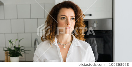 Banner Close-up woman wearing beautiful luxury big necklace copy space. Handmade jewellery and accessories 109868928