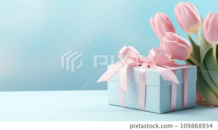 gift and pink tulips on blue background gift and pink tulips on blue background 109868934