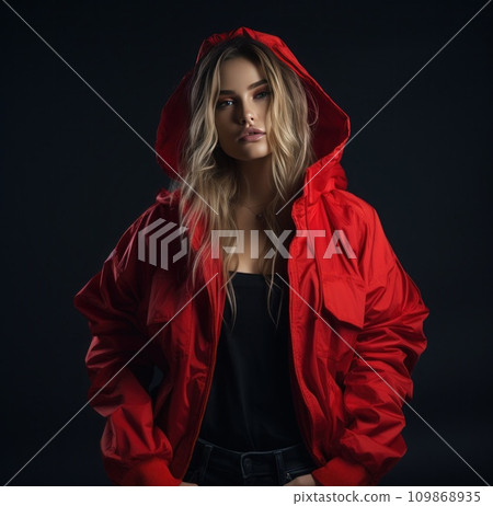 girl with red jacket posing at dark room 109868935