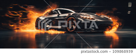 black fast sports car with flames coming out of its engine black fast sports car with flames coming out of its engine 109868939