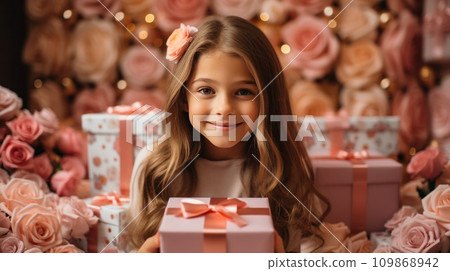 little girl holding a gift box with pink roses little girl holding a gift box with pink roses 109868942