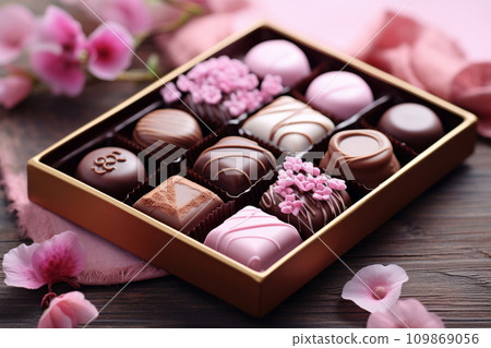 Box of artisan chocolates. Luxury handmade chocolates and a praline. Generative AI 109869056