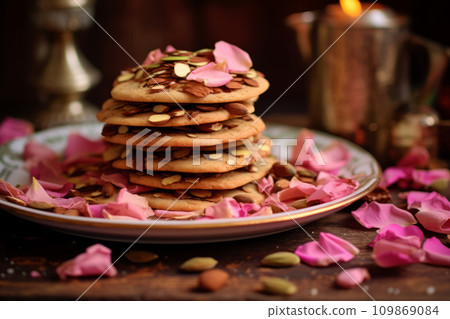 Stack of cookies on a floral plate with scattered rose petals and cardamom. Generative AI 109869084