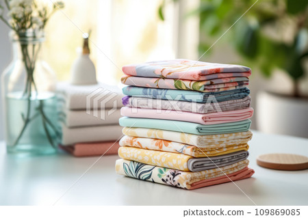 Stacks of reusable cleaning cloths in floral prints. Generative AI 109869085