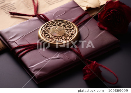 Vintage wax stamp pressed onto the back of a love letter envelope. Generative AI 109869099