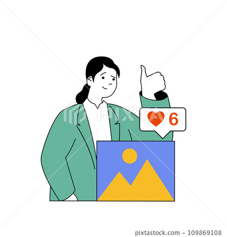 Social network concept with cartoon people in flat design for web. Woman posting new photo and getting positive reactions from friends. Vector illustration for social media banner, marketing material. 109869108