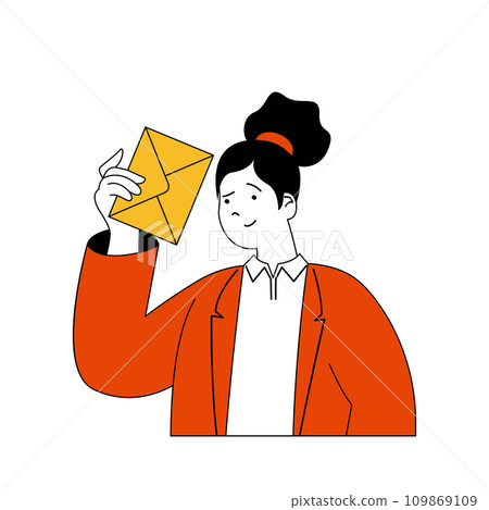 Social network concept with cartoon people in flat design for web. Woman sending email to colleagues or messaging to online friends. Vector illustration for social media banner, marketing material. 109869109